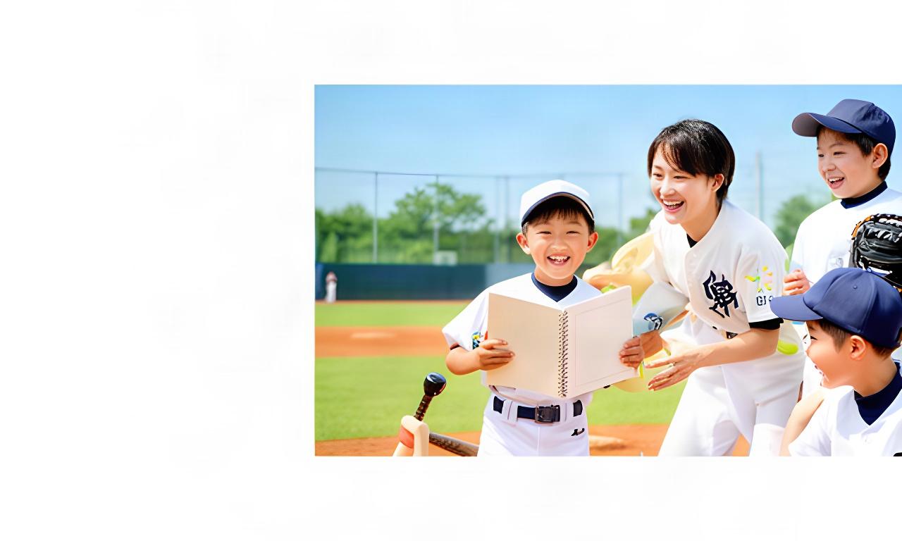 青空の下で少年野球を楽しむ親子とチームメンバー、練習ノートを手にした子ども